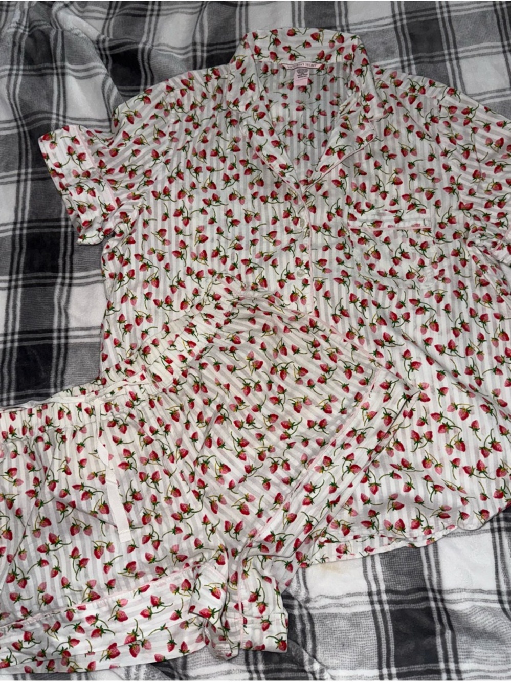 Victoria's Secret White Pajama Set with Red Strawberry Print